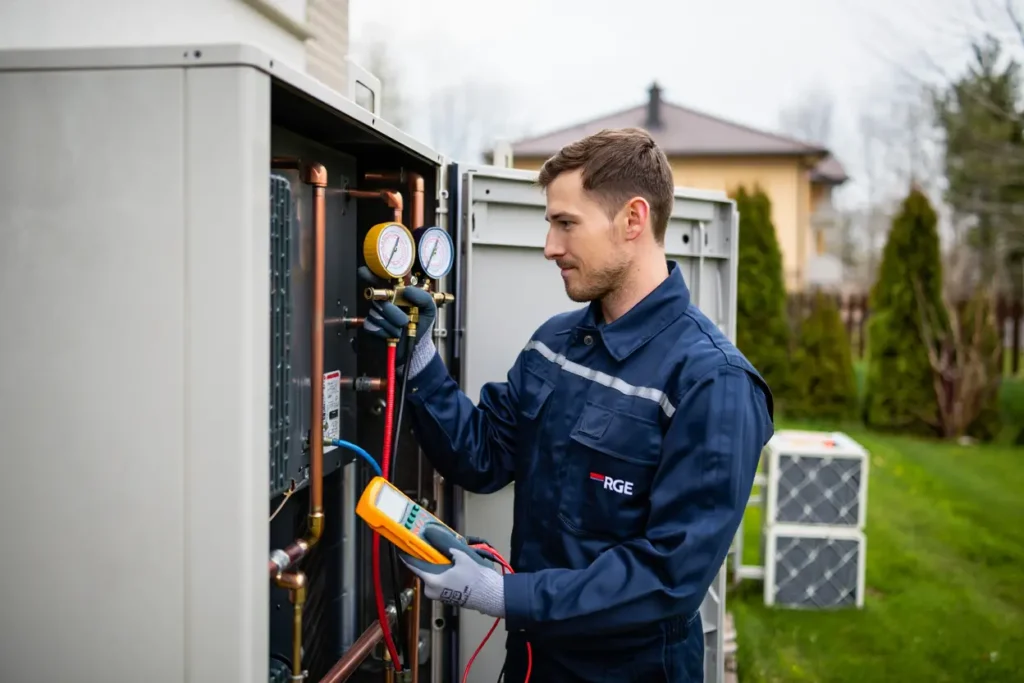 Technicien effectuant l'entretien d'une pompe à chaleur