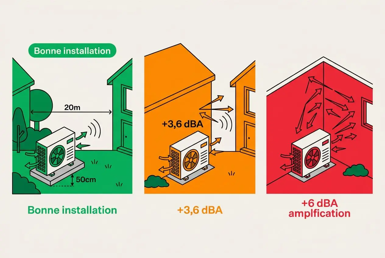 Bonne installation d'une pompe à chaleur: distances et bruit réduit à gauche, comparaison avec augmentation de 3,6 dBA et amplification de +6 dBA à droite.
