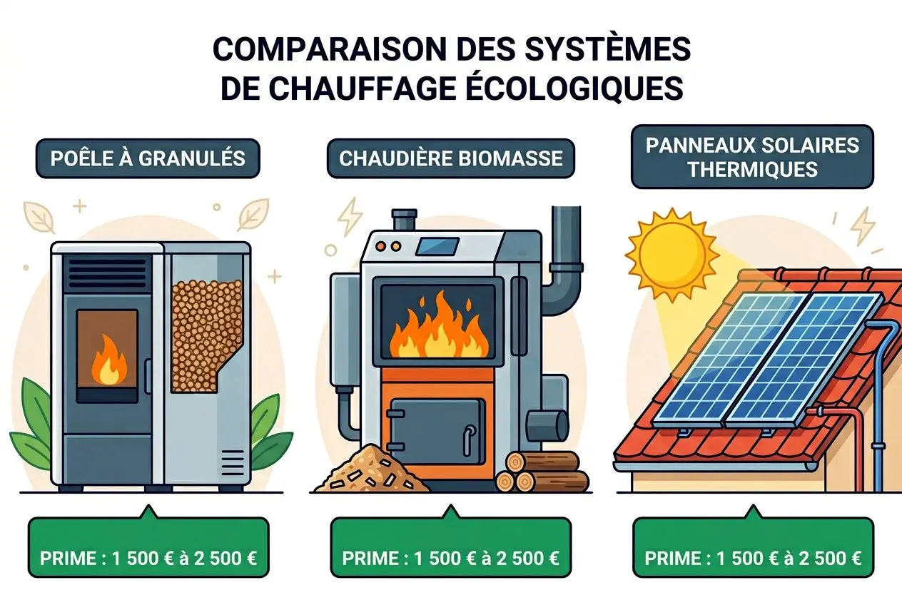 Comparaison aides chauffage bois et solaire
