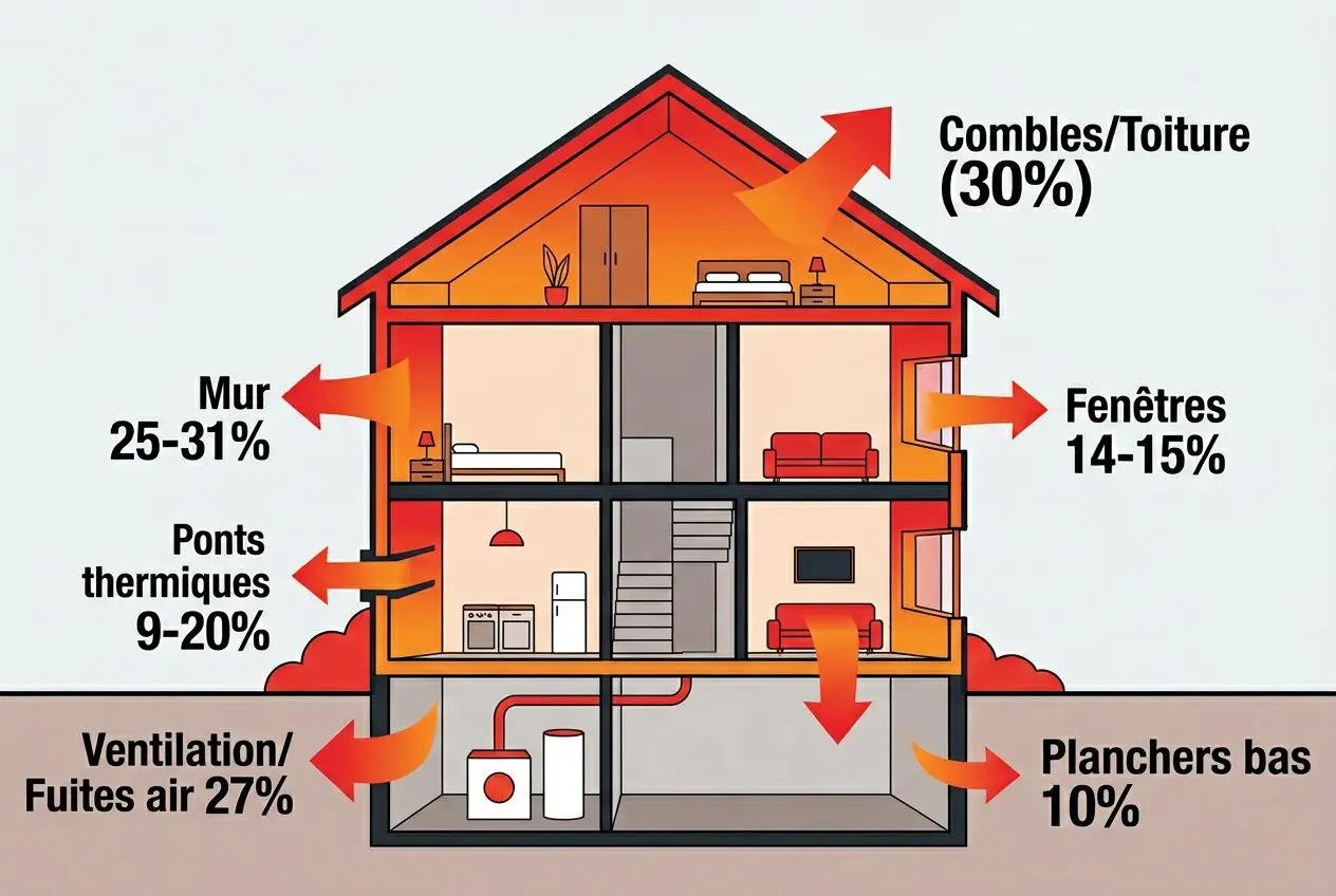 Diagramme d’un logement montrant les postes énergétiques (murs, toit, fenêtres, planchers, ventilations) avec flèches et pourcentages, lié au bilan thermique maison individuelle.