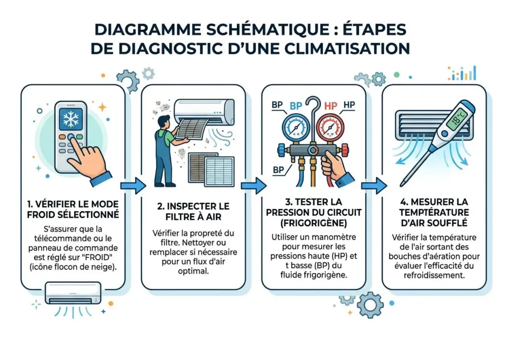 Diagramme montrant les étapes de diagnostic d’une climatisation: vérifier le mode froid, inspecter le filtre à air, tester la pression du circuit et mesurer la température d’air soufflé. Mot clé: climatisation ne refroidit pas assez.