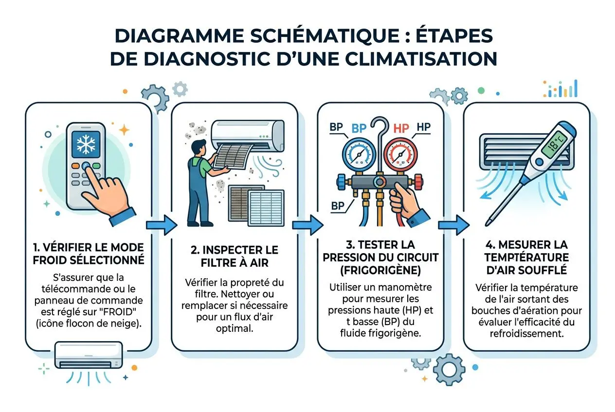 Diagramme montrant les étapes de diagnostic d’une climatisation: vérifier le mode froid, inspecter le filtre à air, tester la pression du circuit et mesurer la température d’air soufflé. Mot clé: climatisation ne refroidit pas assez.
