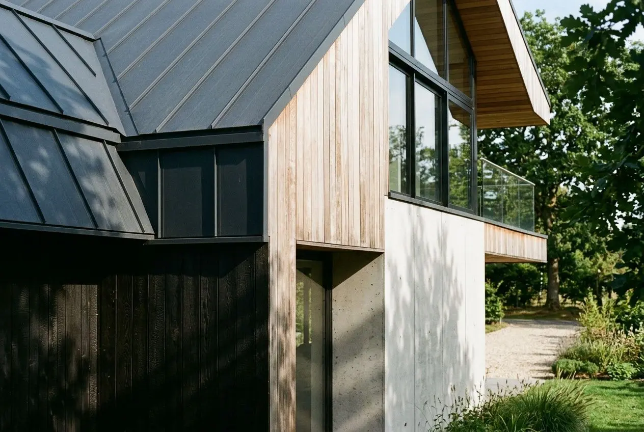 Façade moderne de maison individuelle en bois et béton, grandes ouvertures vitrées et toit métallique, entourée de greenery. bilan thermique maison individuelle perspective rénovation.