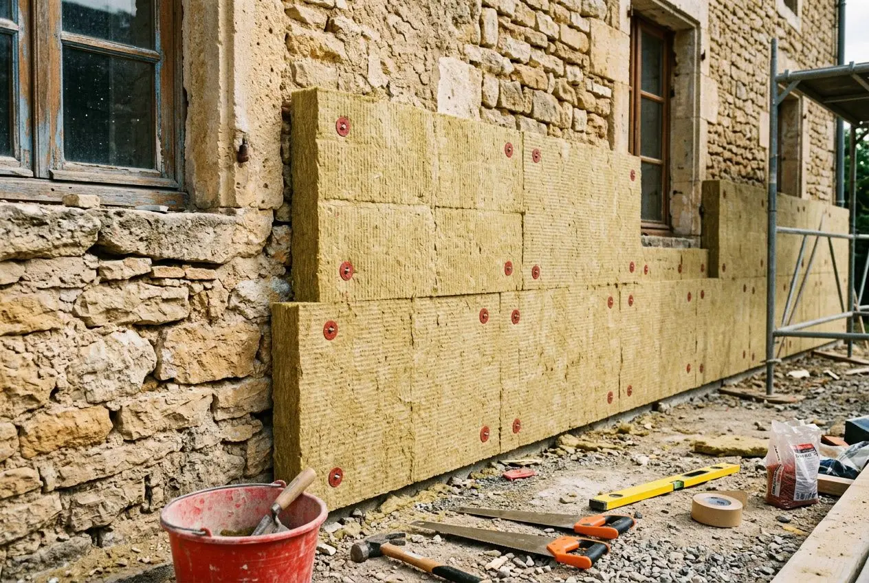 Isolants en laine de roche posés en façade sur un mur en pierre lors d’un chantier d’isolation extérieur laine de roche (ITE), avec outils et seau à proximité.