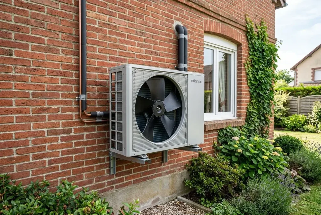 Pompe à chaleur extérieure fixée au mur d’une maison, avec conduit et végétation environnante, bruit potentiel pour le voisinage.