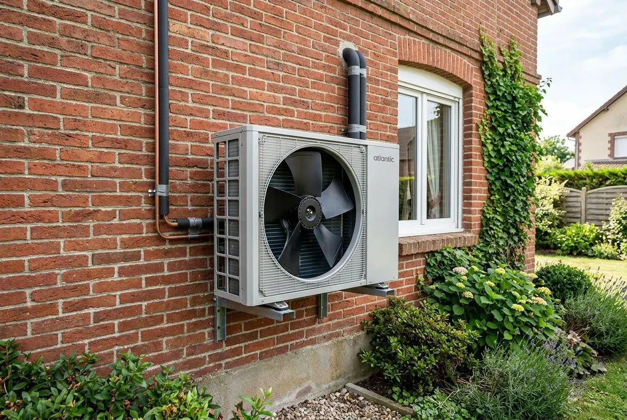 Pompe à chaleur extérieure fixée au mur d’une maison, avec conduit et végétation environnante, bruit potentiel pour le voisinage.