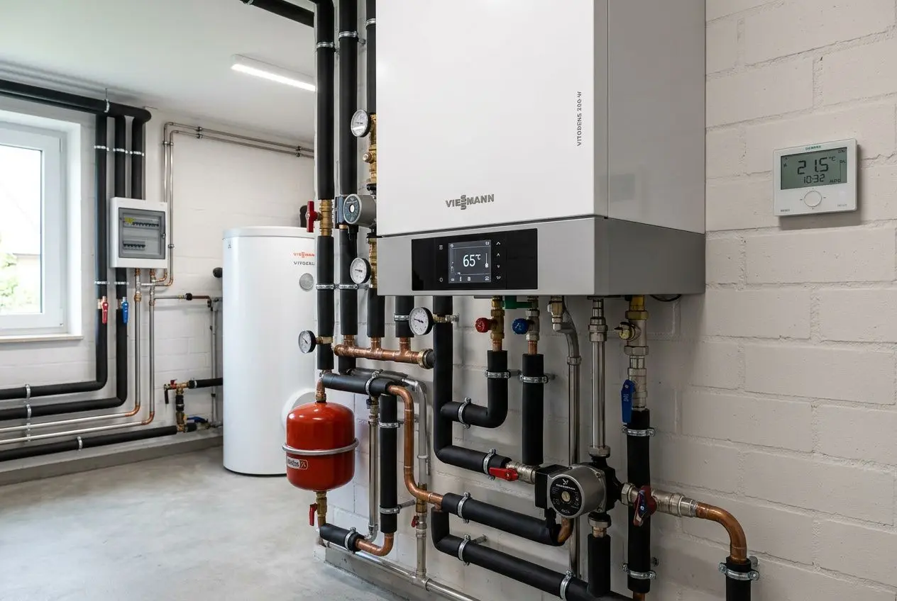 Réseau de chauffage domestique avec chaudière murale moderne, tuyauterie noire et cuivre, vannes et manomètres visibles dans un local technique. Aides financières changement chaudière mentionnées.