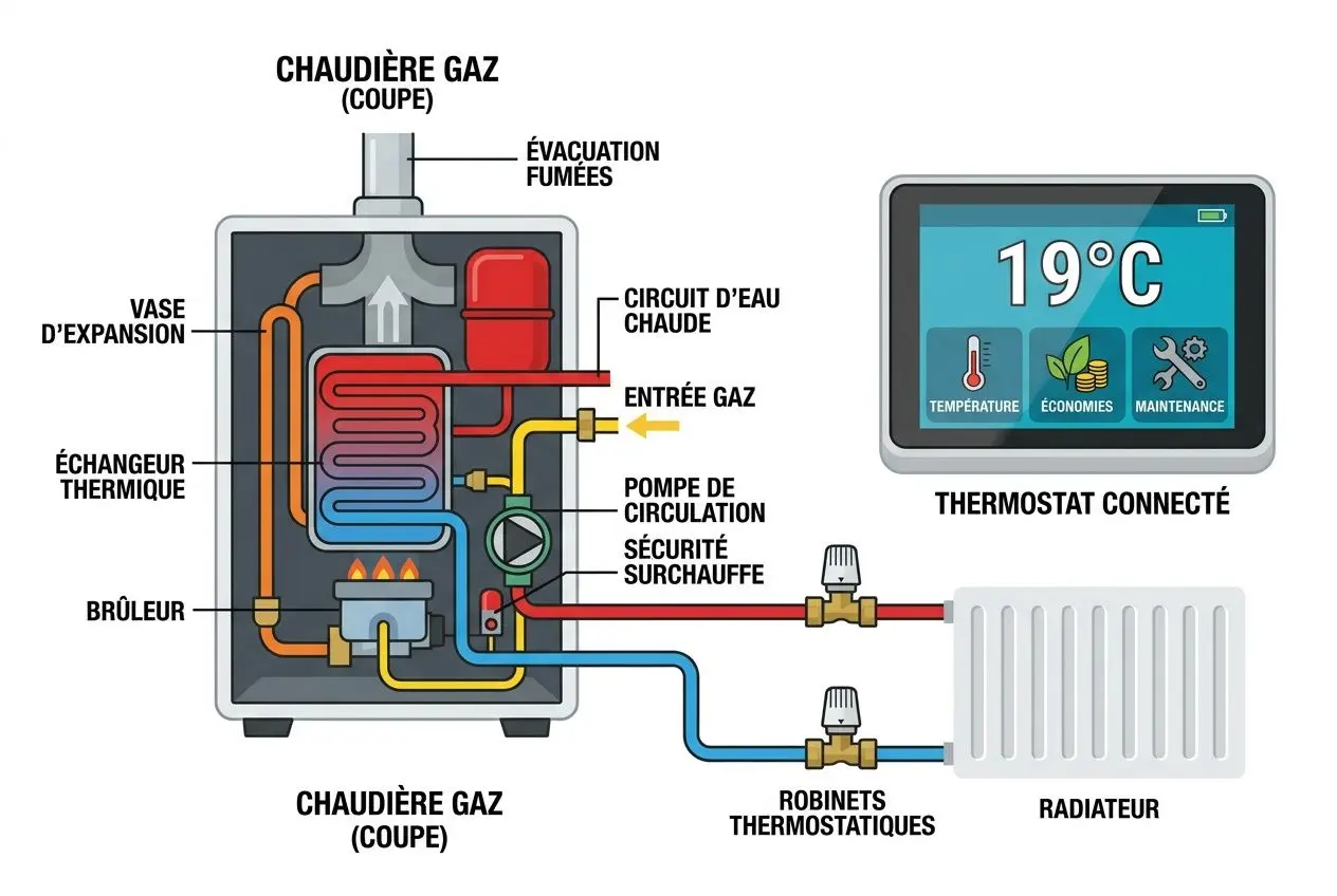 Schéma d’une chaudière gaz avec thermostat connecté affichant 19°C, montrant les 🔧 composants: brûleur, échangeur thermique, entrée et circuit d’eau chaude, radiateur et robinets thermostatiques. texte intégratif: comment réduire facture chauffage gaz.
