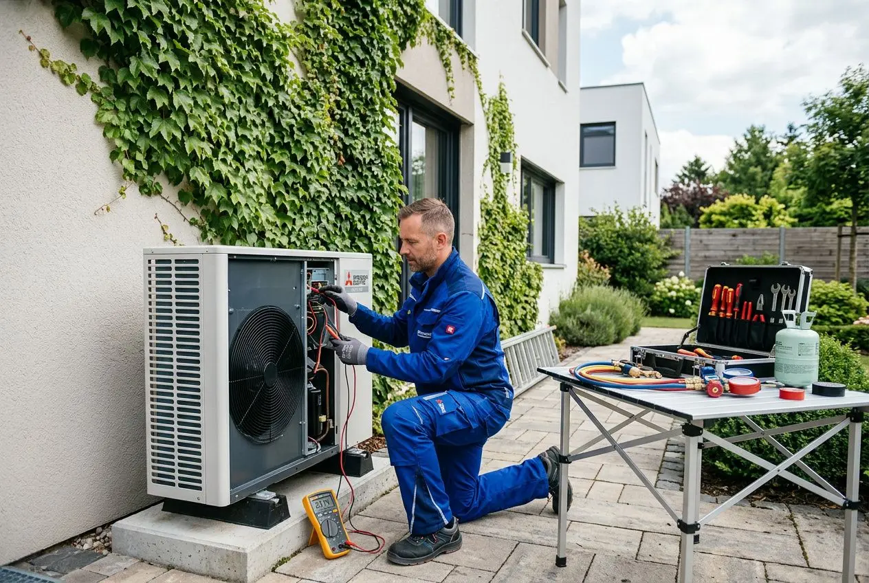 Technicien réalisant l'entretien d'une pompe à chaleur