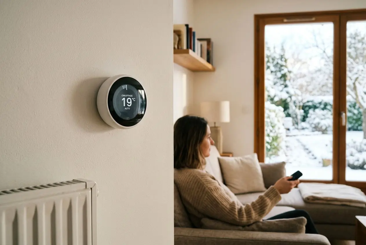Thermostat intelligent affichant 19°C dans un salon cozy, près d'une chaudière et d'une fenêtre donnant sur le jardin. comment reduire facture chauffage gaz.