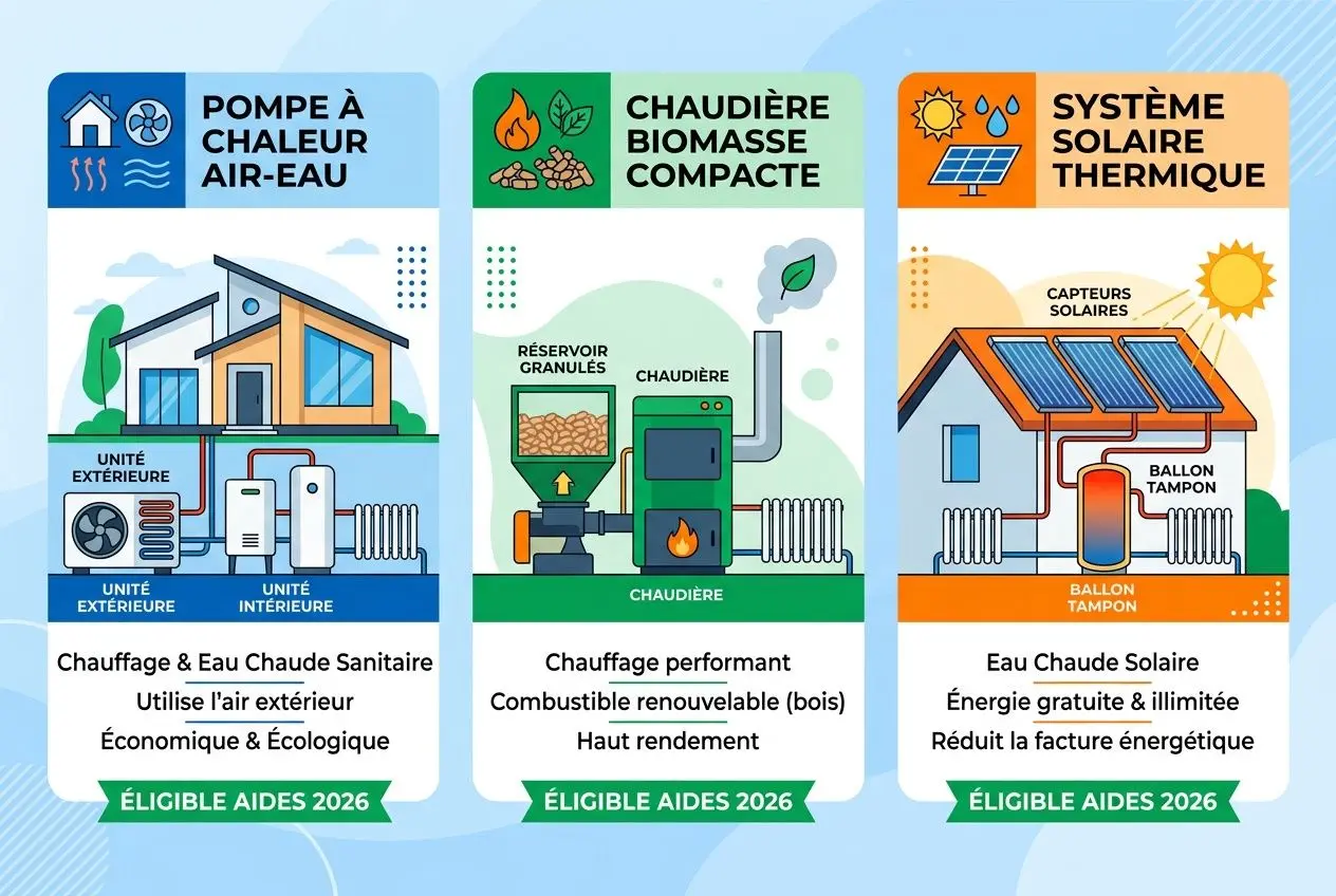 Trois pictogrammes d’aides financières 2026: pompe à chaleur air-eau, chaudière biomasse compacte et système solaire thermique, avec textes “Éligible aides 2026”.