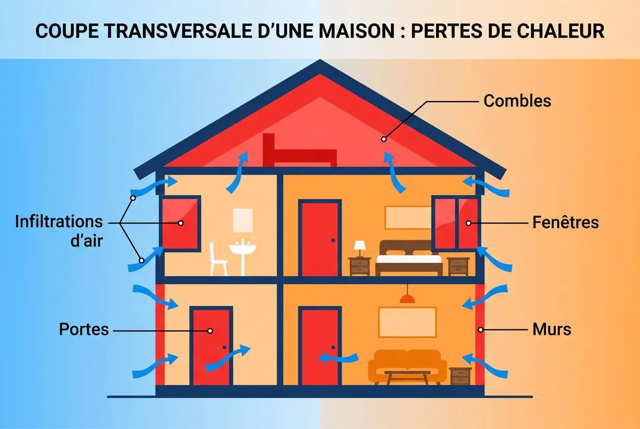 Zones de pertes thermiques dans un logement