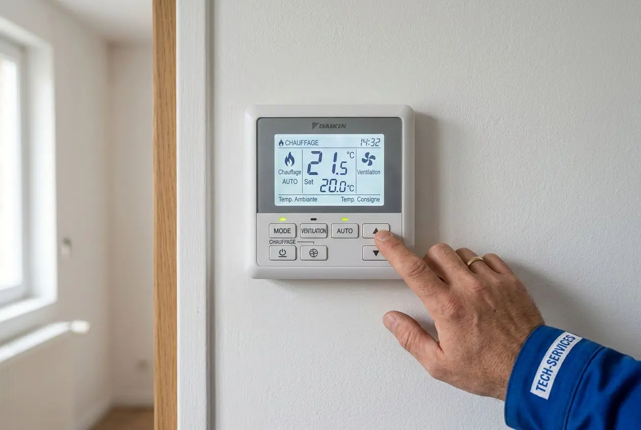 Affichage d’un thermostat mural réglé sur mode chauffage, main en pointe, pictogrammes et températures visibles. pompe à chaleur ne chauffe pas assez (dimensionnement/contrôle).