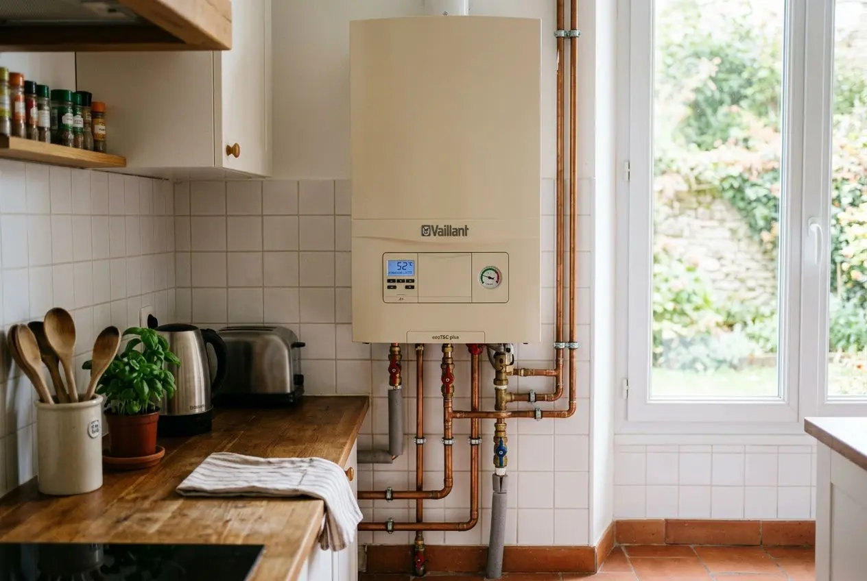 Chaudière Vaillant murale dans une cuisine, avec tuyaux métalliques visibles et fenêtre lumineuse à droite; ambiance domestique. prime coup de pouce chauffage 2026