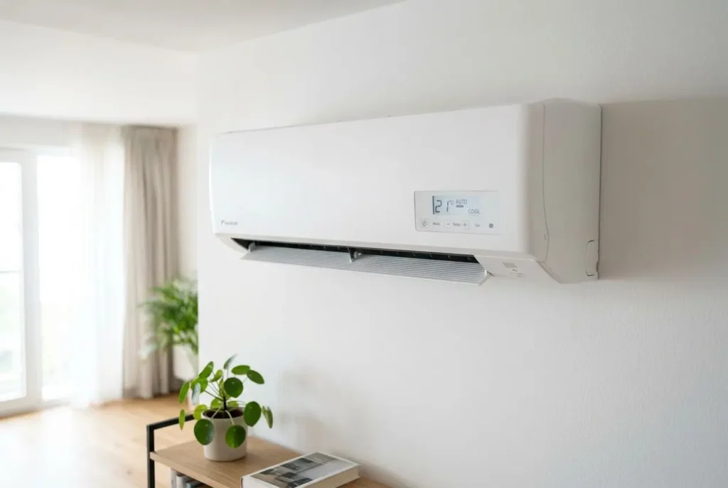 Climatisation réversible murale moderne installée dans un salon lumineux, avec plante et table basse. diff�rence entre pompe à chaleur air/air et climatisation r�versible est illustrée par cet appareil.