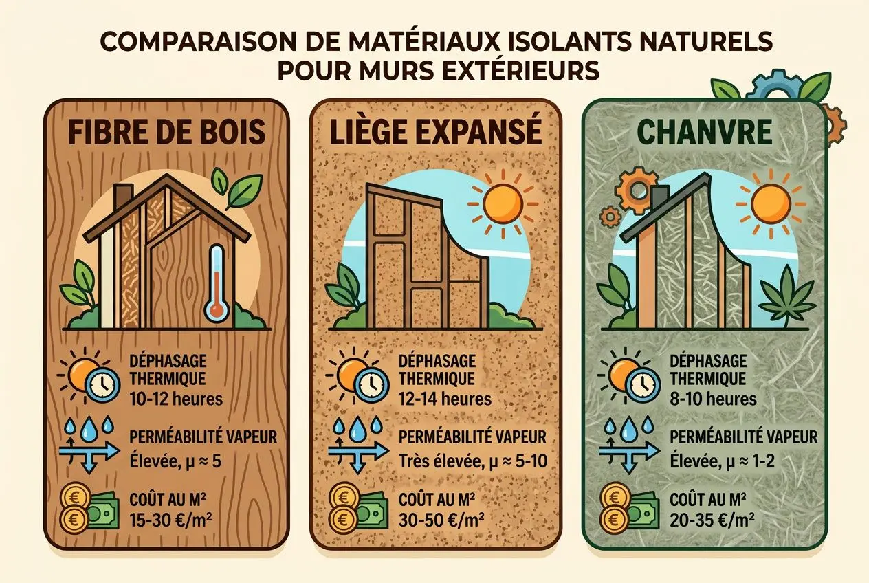 Comparaison de matériaux isolants naturels pour murs extérieurs: fibre de bois, liège expansé et chanvre, avec déphasage thermique et coût indicatif par m².