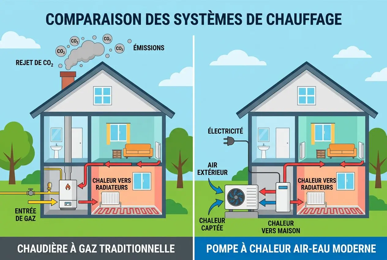 Comparaison des systèmes de chauffage: chaudière à gaz traditionnelle et pompe à chaleur air-eau moderne, schéma illustratif.