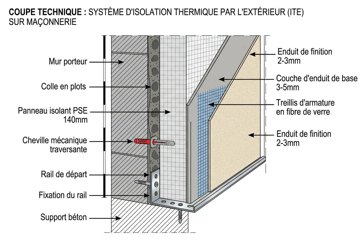 Coupe technique d’un système d’isolation thermique par l’extérieur sur maçonnerie, montrant mur porteur, panneau isolant PSE, collé et fixé, rail de départ, fixation du rail, treillis d’armature, couche d’enduit, finition, et support béton. isolation par lextérieur soi-même intégré naturellement.