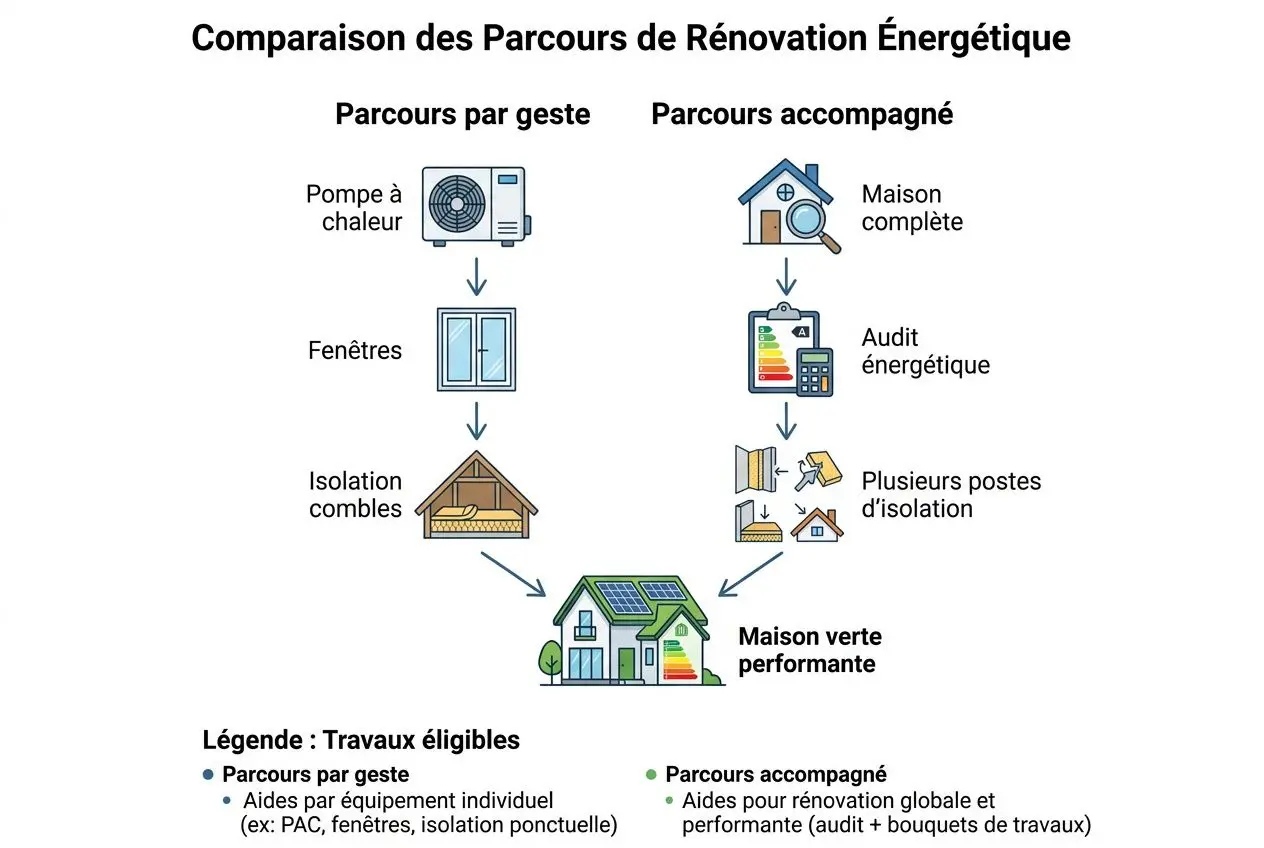 Diagramme comparant les Parcours de Rénovation Énergétique avec: parcours par geste (fenêtres, isolation) et parcours accompagné (maison complète, audit énergétique) menant à une maison verte performante; légende sur les travaux éligibles et aides par geste. Intégration du mot clé: aide rénovation énergétique 2026.