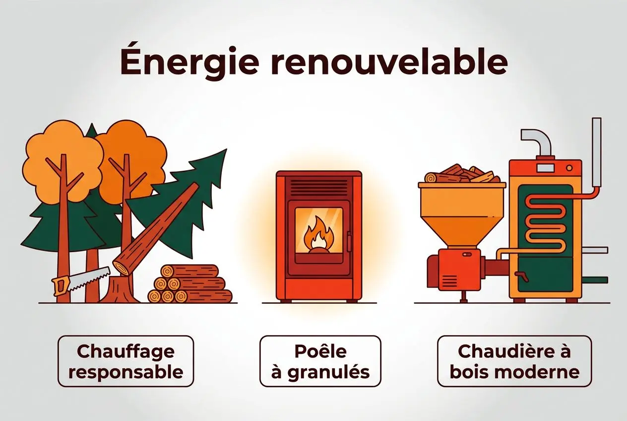 Énergie renouvelable: chauffage responsable, poêle à granulés et chaudière à bois moderne présentés sur une illustration.