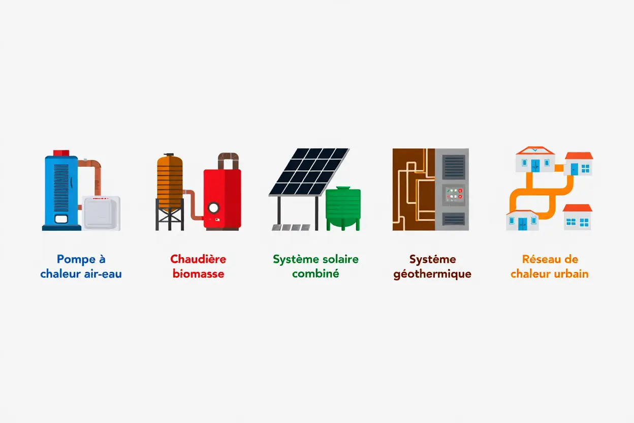 Illustration des solutions de chauffage: pompe à chaleur air-eau, chaudière biomasse, système solaire combiné, système géothermique et réseau de chaleur urbain, avec l’étiquette prime coup de pouce chauffage 2026 implied.