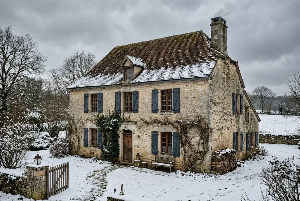 Maison ancienne en pierre avec volets bleus et toit couvert de neige, entourée de paysage hivernal. Chauffage economique maison ancienne visé.