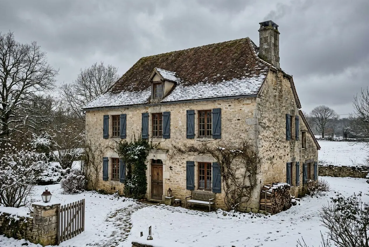 Maison ancienne en pierre avec volets bleus et toit couvert de neige, entourée de paysage hivernal. Chauffage economique maison ancienne visé.