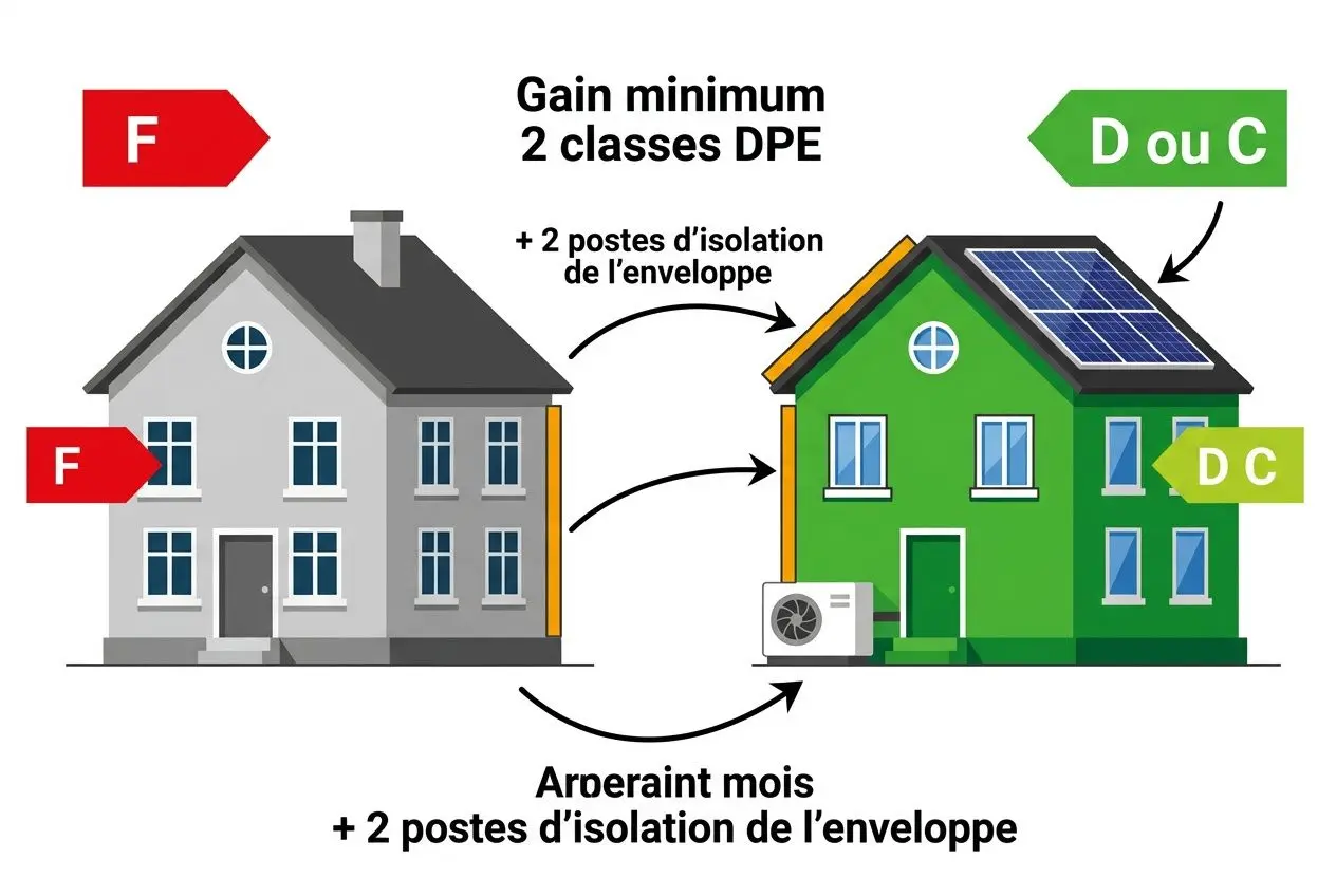 Maisons illustrées montrant une étiquette énergie F à gauche et D/C à droite, avec panneaux solaires et isolation, symbole d’aides et d’éligibilité énergétique 2026. aide rénovation énergétique 2026