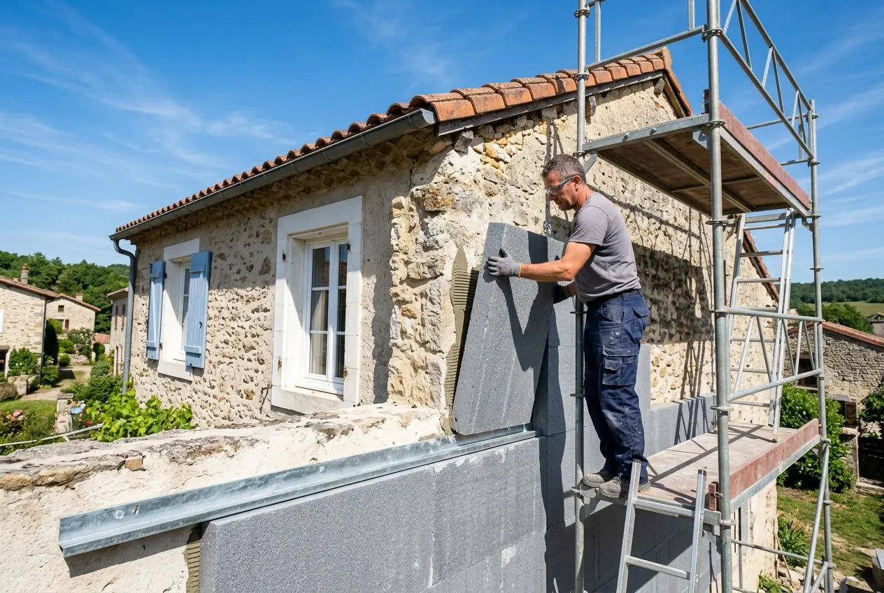Ouverture d’isolation par l’extérieur soi-même : artisan pose une plaque d’isolant sur le mur d’une maison en pierre, échafaudage à côté.