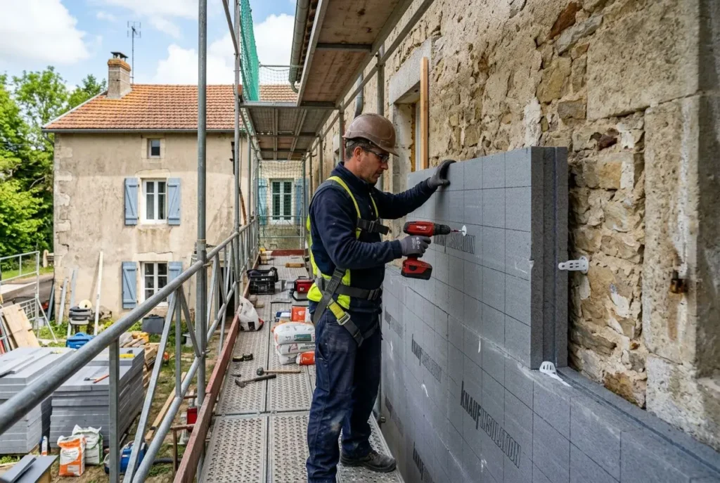 Ouvrier posant une isolation extérieure sur un mur de pierre avec un outil électrique, sur un chantier en hauteur. isolation extérieure quel materiaux choisir.