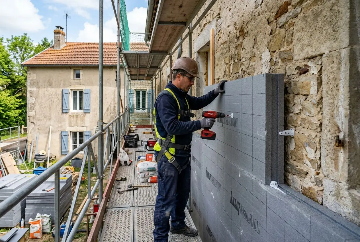 Ouvrier posant une isolation extérieure sur un mur de pierre avec un outil électrique, sur un chantier en hauteur. isolation extérieure quel materiaux choisir.