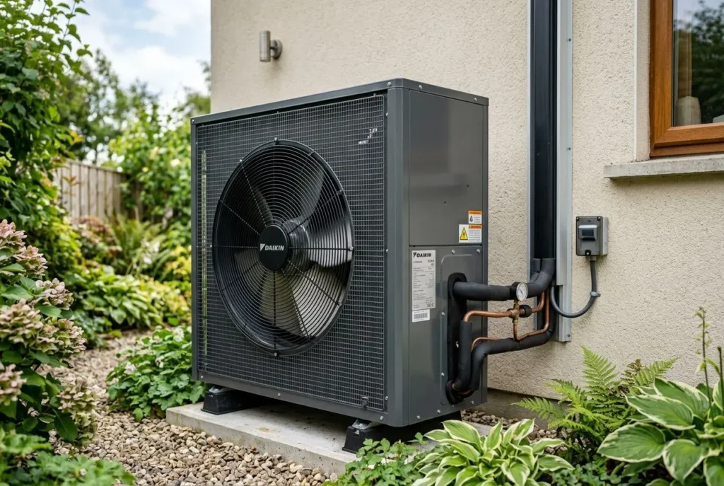 Pompe à chaleur extérieure bruyante près d’une façade de maison avec ventilation et tuyauterie visibles.