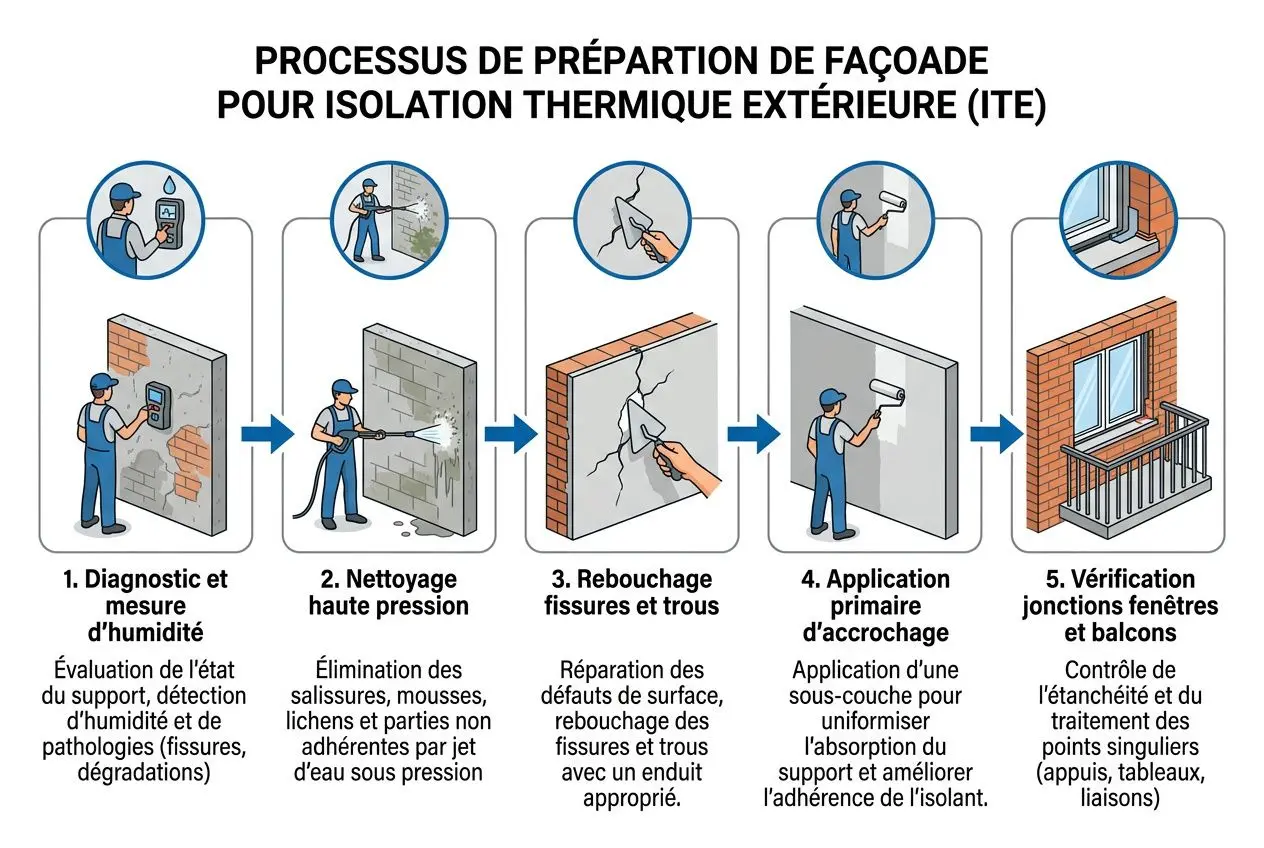 Processus de préparation de façade pour isolation thermique extérieure (ITE) étape par étape, incluant diagnostic, nettoyage, rebouchage, application primaire et vérification des joints et fenêtres. isolation par lextérieur soi-même intégré.