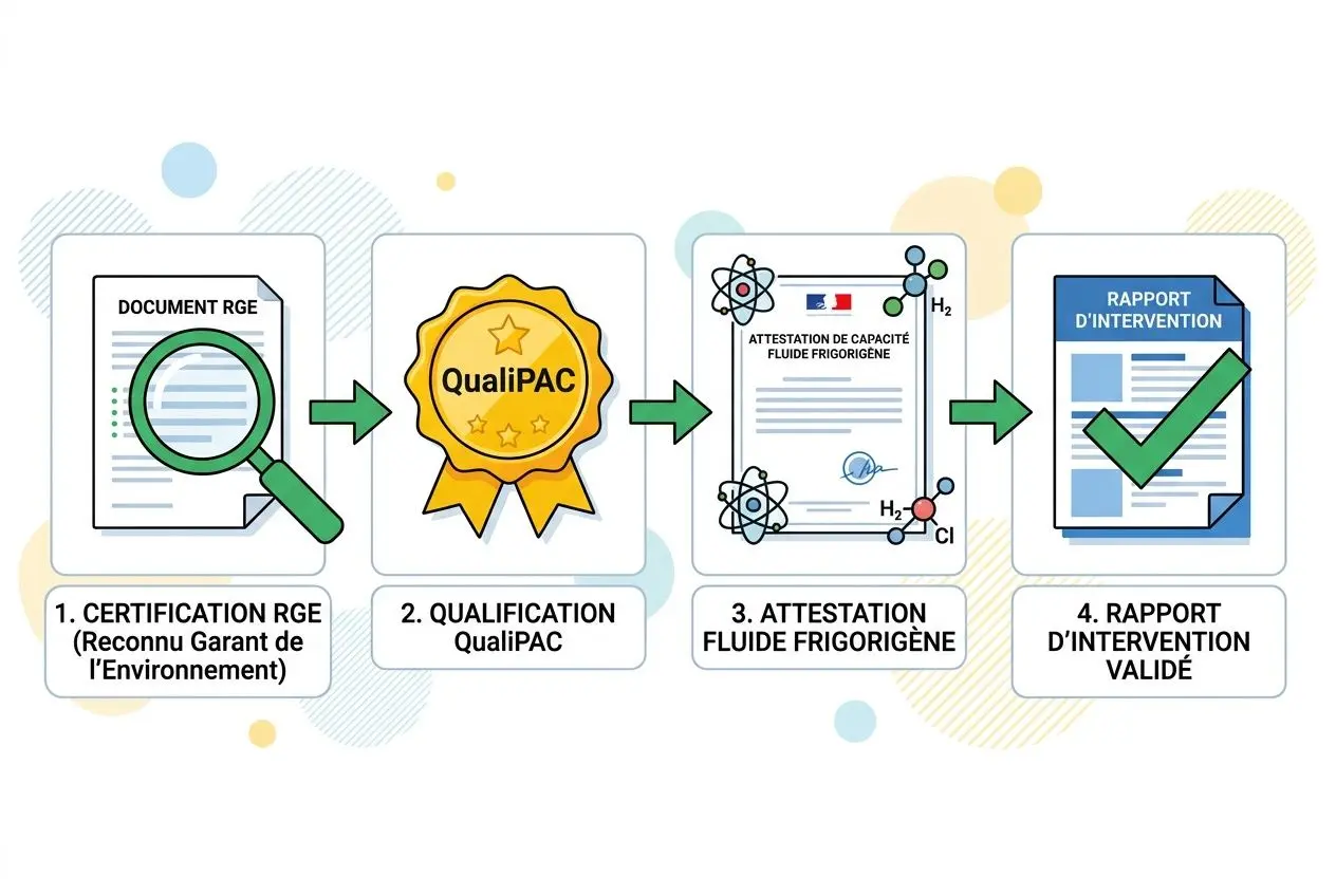Processus de vérification: document RGE, qualification QualiPAC, attestation fluide frigorigène et rapport d’intervention validé. Entretien pompe à chaleur air air obligatoire décrit.