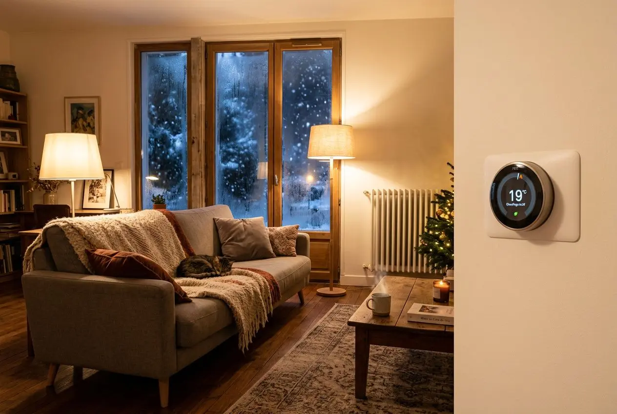 Salon chaleureux en hiver avec télécommande affichant 19° et chauffage radiant, fenêtre givrée et ambiance cosy. Température idéale maison hiver idéale pièce par pièce.