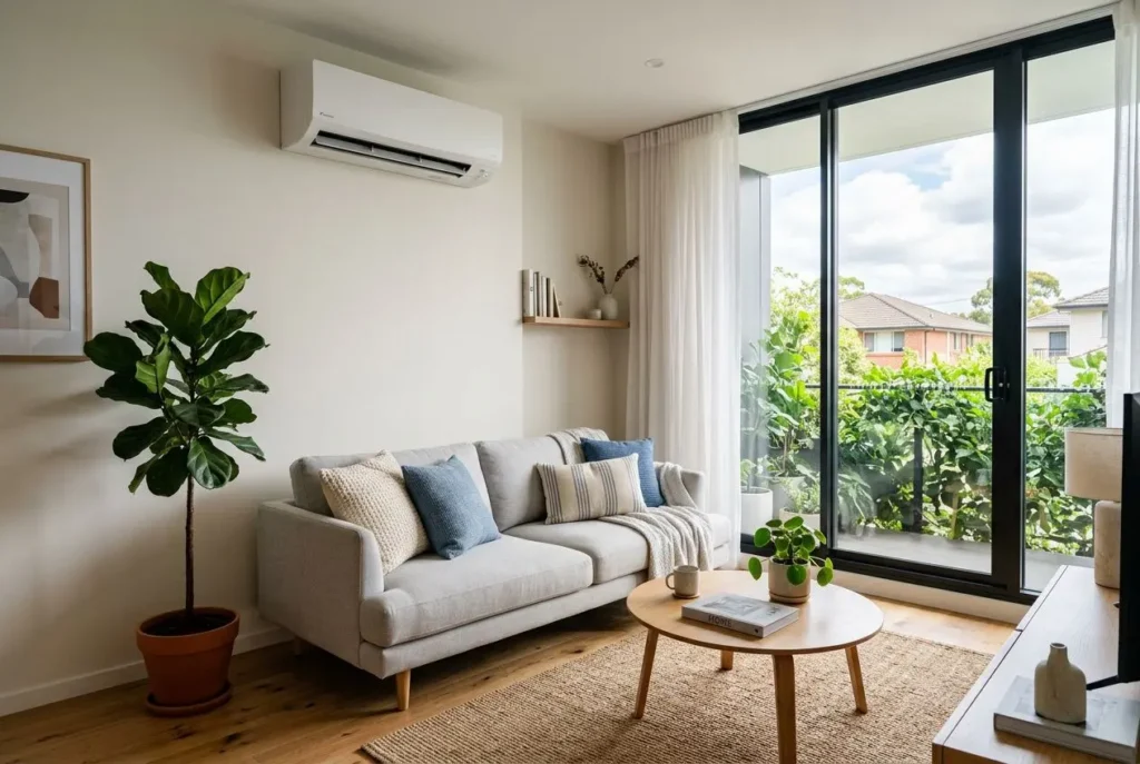 Salon lumineux avec climatisation murale, canapé gris, plantes d’intérieur et grande baie vitrée donnant sur balcon. "comment choisir climatisation maison" intégré naturellement.