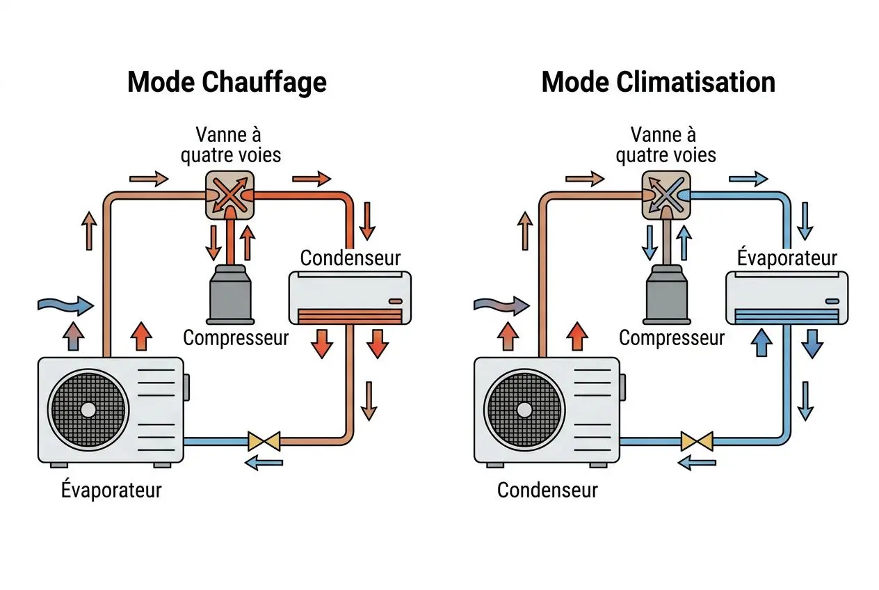 Schéma comparatif montrant le mode chauffage et le mode climatisation d’une pompe à chaleur air/air et climatisation réversible, avec compresseur, évaporateur et condenseur.