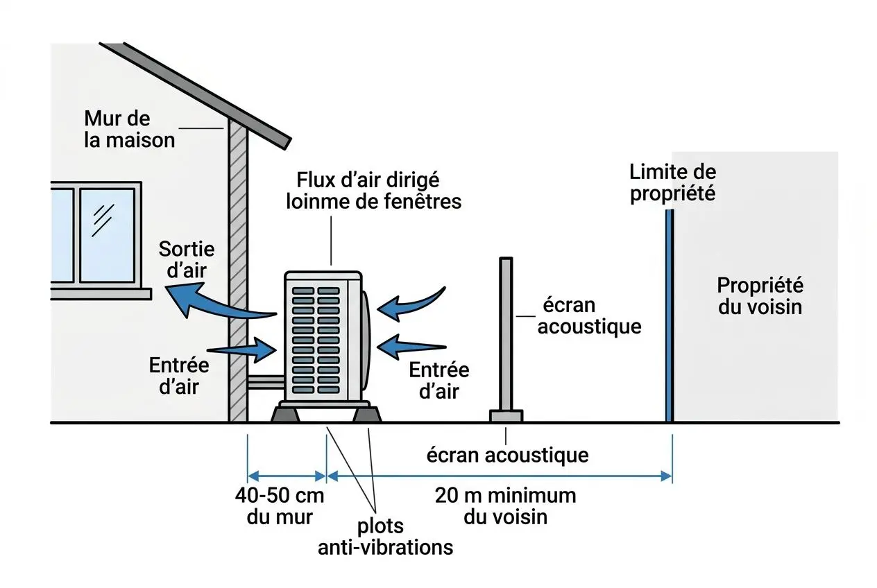 Schéma d’installation d’une pompe à chaleur avec étiquette acoustique: unité extérieure, flux d’air et écran acoustique, distanciation 20 m mini du voisin, plots anti-vibrations et mur, ligne de propriété voisine. Pompe à chaleur trop bruyante en contexte.