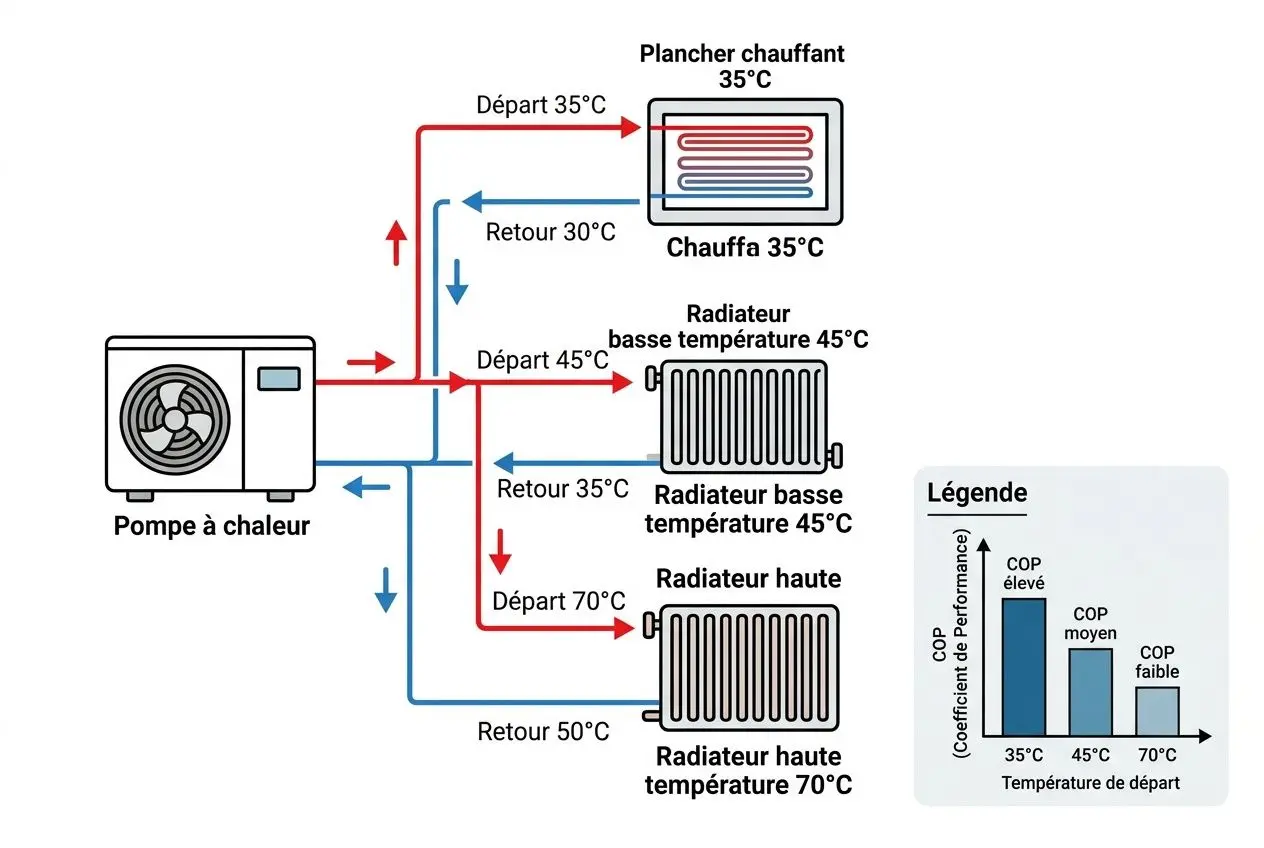 Schéma d’un système de pompe à chaleur montrant les flux: départ et retour d’eau, radiateurs et puis température de départ 35–70°C, avec le chauffe qui peut ne pas chauffer assez.