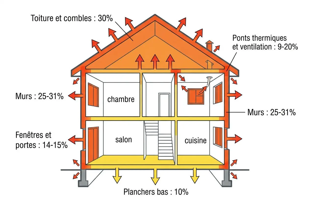 Schéma d’une maison montrant les pertes et gains de chaleur par pièce et par élément (toit, murs, planchers, fenêtres), avec répartitions typiques des flux thermiques.