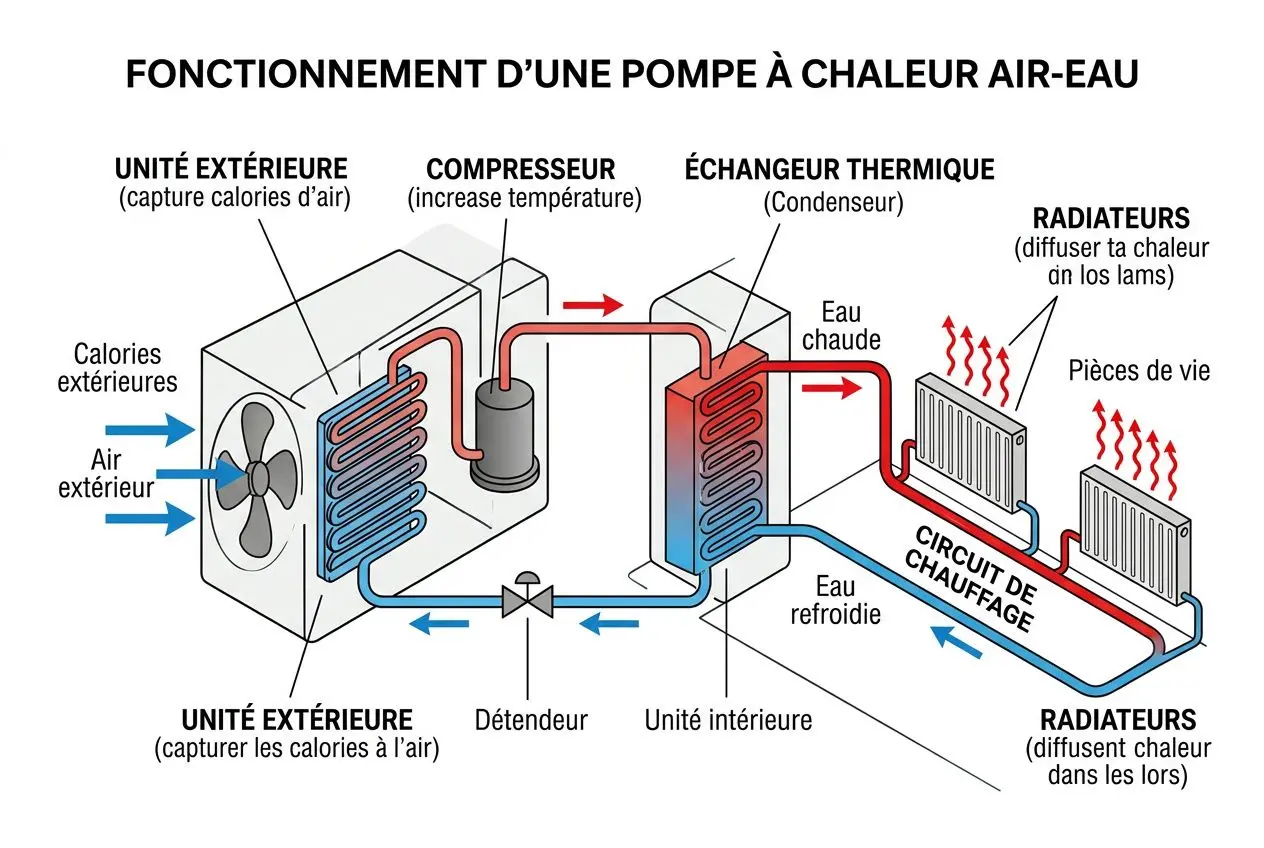 Schéma du fonctionnement d’une pompe à chaleur air-eau pour chauffage économique maison ancienne: compresseur, échangeur et radiateurs, avec flux d’eau chaude et eau refroidie dans le circuit de chauffage.