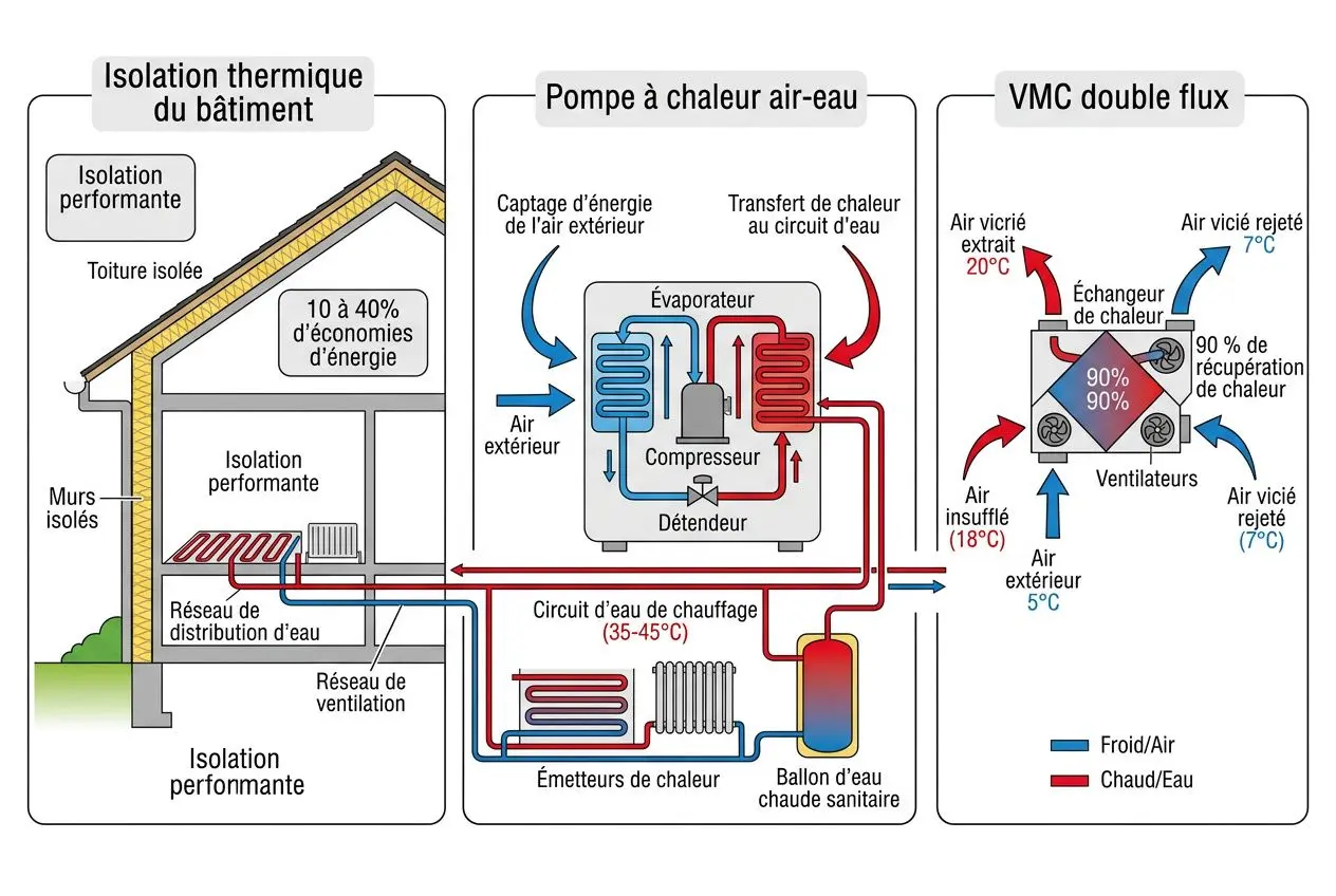 Schéma illustrant le fonctionnement d’une pompe à chaleur air-eau et ses zones: isolation thermique du bâtiment, pompe à chaleur, VMC double flux, et circuit de chauffage avec échangeur, détendeur et ballon d’eau chaude sanitaire.