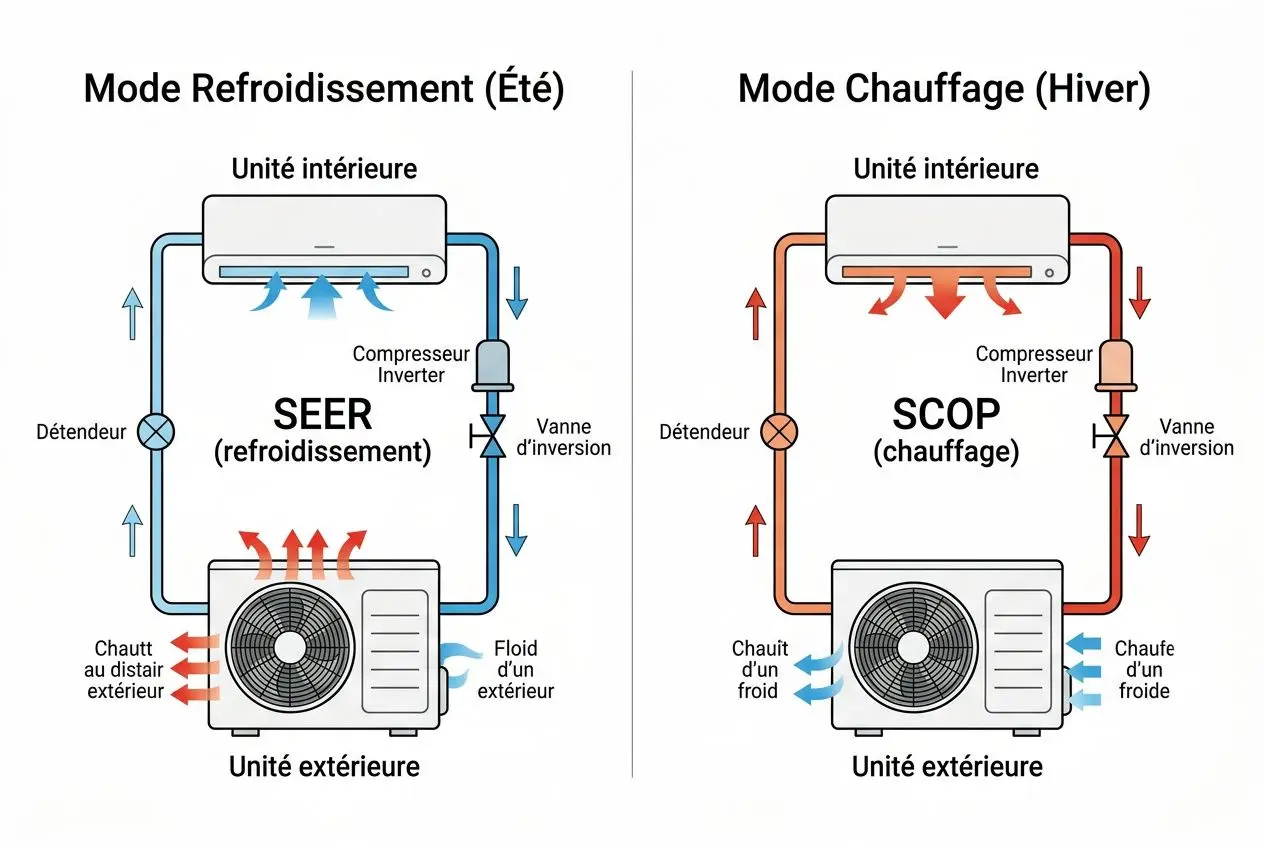 Schéma de mode Refroidissement et Mode Chauffage d’un système climatisation: flux d’air et composants (unité intérieure/extérieure, compresseur, limiteur, évents, serpentins) avec SEER et SCOP indiqués. comment choisir climatisation maison