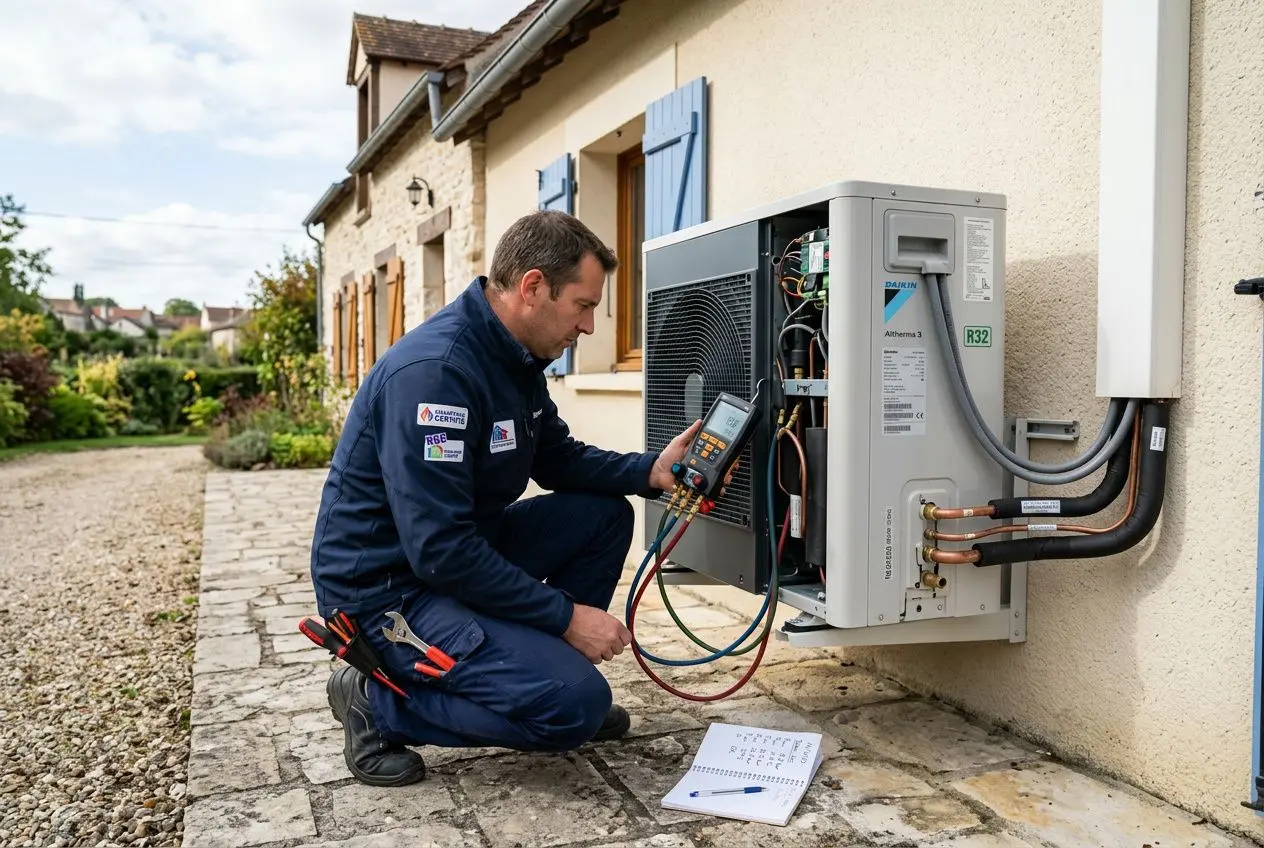 Technicien en extérieur vérifiant et mesurant une pompe à chaleur murale avec outil de diagnostic, connecteurs et manuels à côté. consommations électriques pompe chaleur élevée à diagnostiquer.
