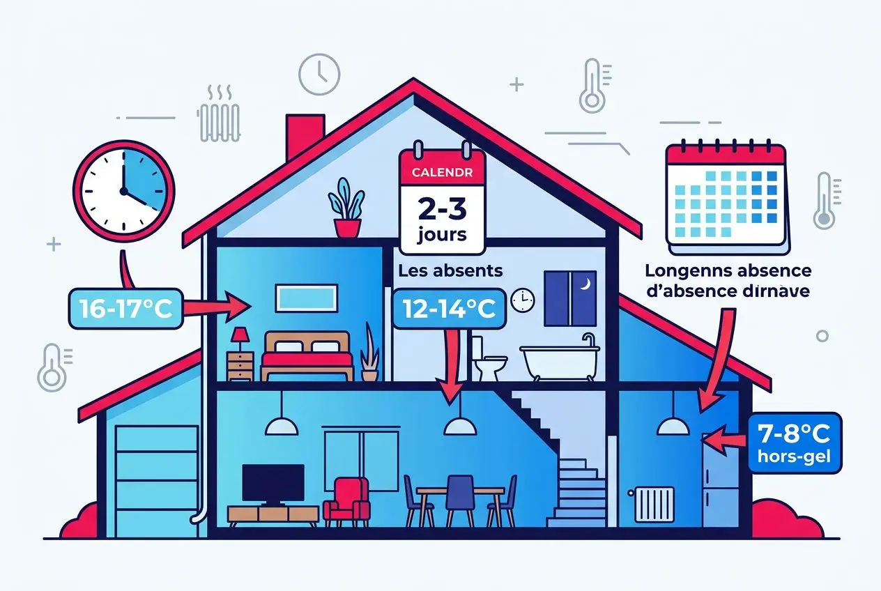Température idéale maison hiver: schéma illustré d’une maison avec pièces chauffées à 16-17°C au rez‑de‑chaussée, 12-14°C dans les chambres, et 7-8°C hors gel dans l’extérieur, pour guider le confort et l’économie.