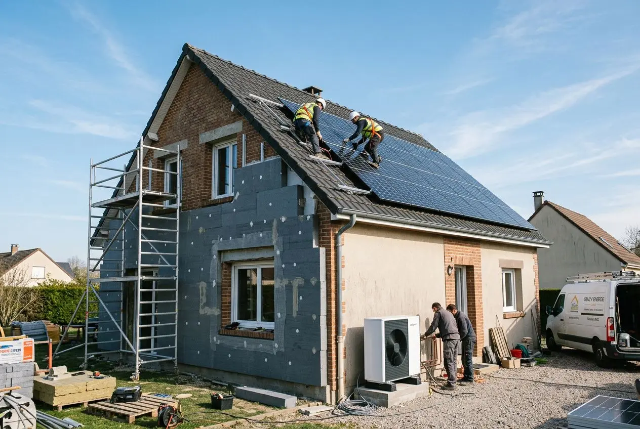 Toiture en cours d’installation de panneaux solaires sur une maison en rénovation énergétique, avec ouvriers et scaffolding. Mot clé intégré: aide rénovation énergétique 2026.