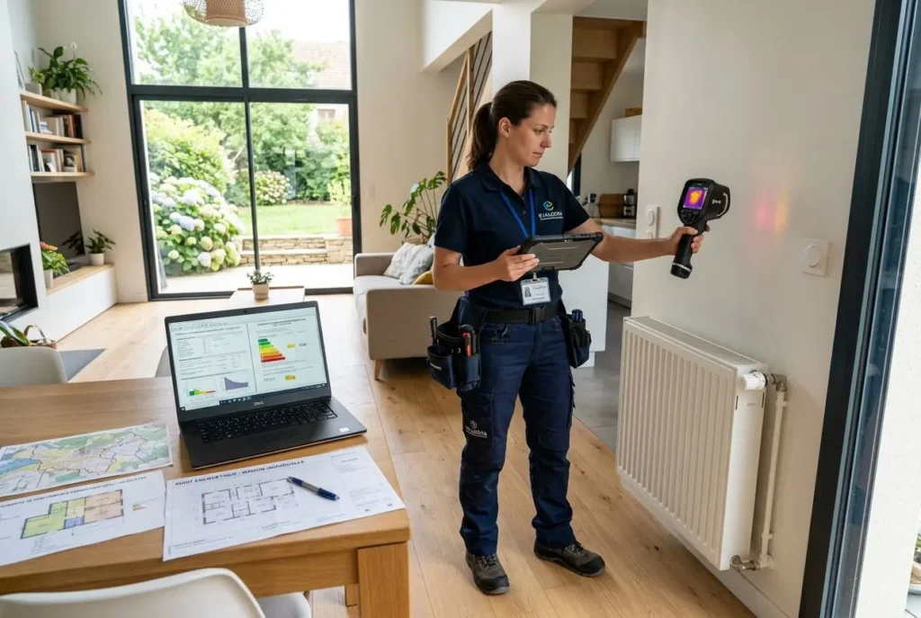 Agent technique inspectant et mesurant une pompe à chaleur près d’un radiateur dans une maison moderne, avec plan et ordinateur sur la table. pompe à chaleur maison 120m2.