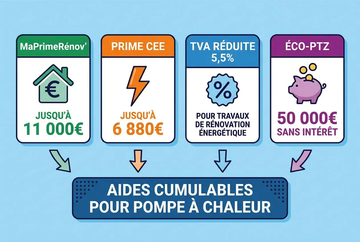 Aides cumulables pour pompe à chaleur: illustration montrant MaPrimeRénov’, PRIME CEE, TVA réduite 5,5% et ÉCO-PTZ, destinées à financer une pompe à chaleur maison.