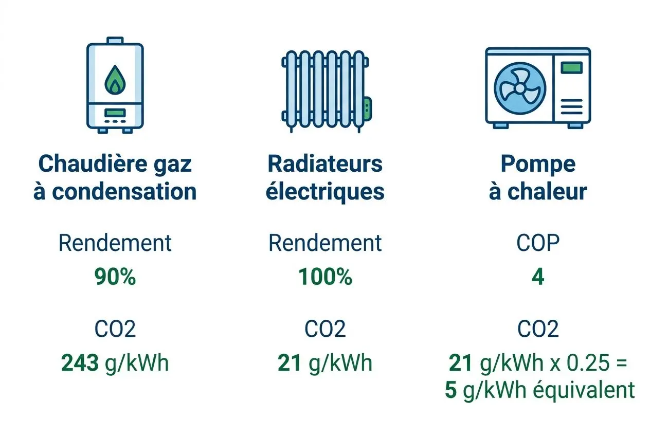 Chauffage gaz ou électrique moins cher : comparaison visuelle d’un chauffe‑gaz à condensation, radiateurs électriques et pompe à chaleur indiquant rendement et CO2.