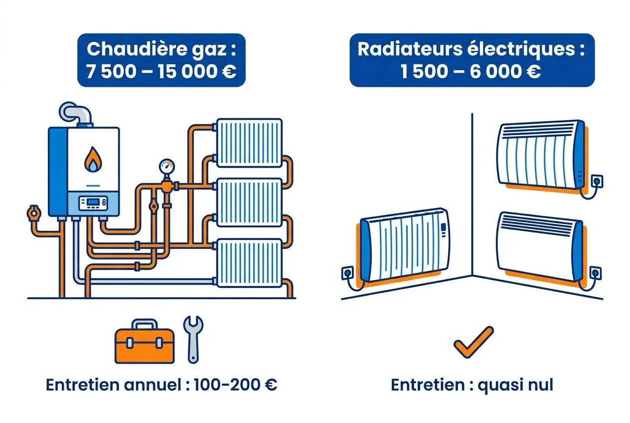 Chauffage gaz ou électrique moins cher : diagramme comparatif avec chaudière à gaz et radiateurs électriques; coûts et entretien indiqués.